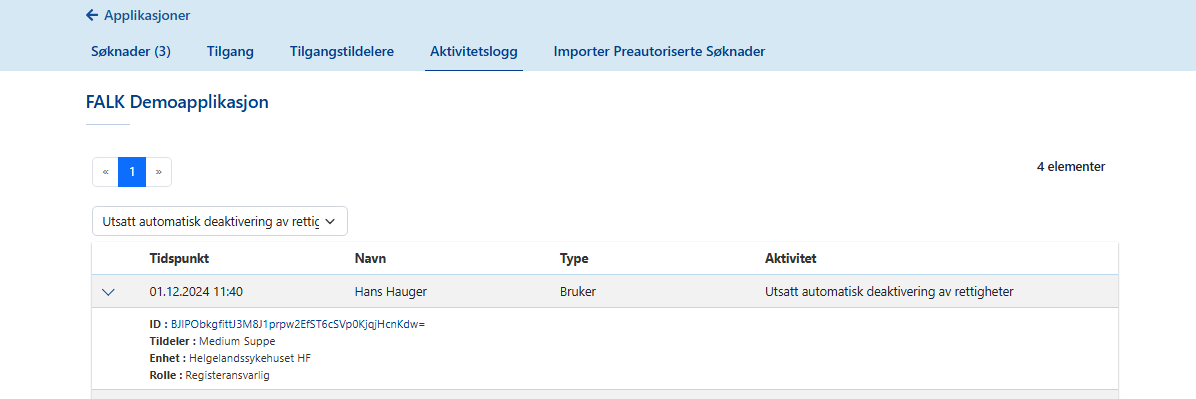 Aktivitetslogg som viser aktiviteten Utsatt automatisk deaktivering av rettigheter.