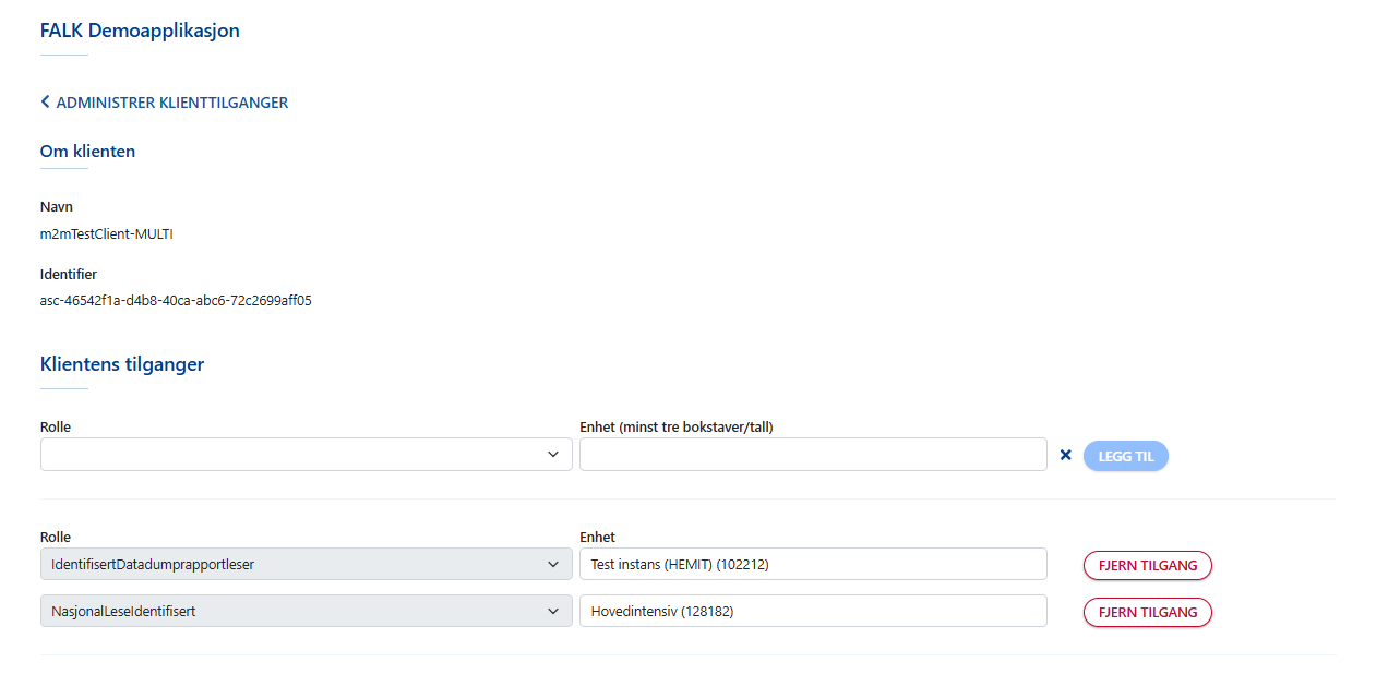 Skjema for å administrere M2M-klientens tilganger.