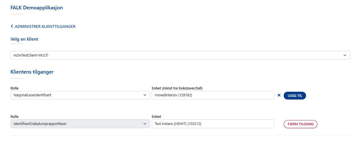 Skjema som viser en M2M-klient og felt for å legge til rolle og enhet.