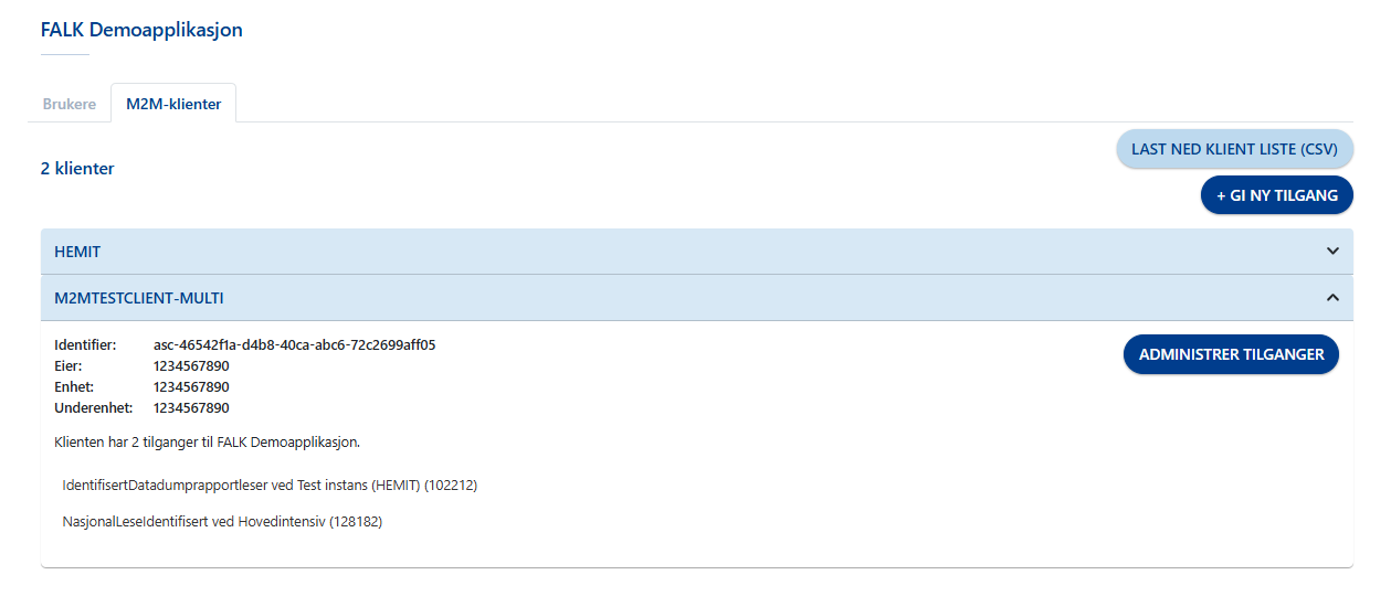 Oversikten som viser en valgt M2M-klient og knappen Administrer tilganger.