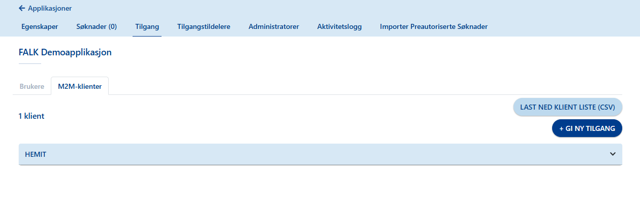 Oversikten som viser en M2M-klient som har tilgang til applikasjonen.