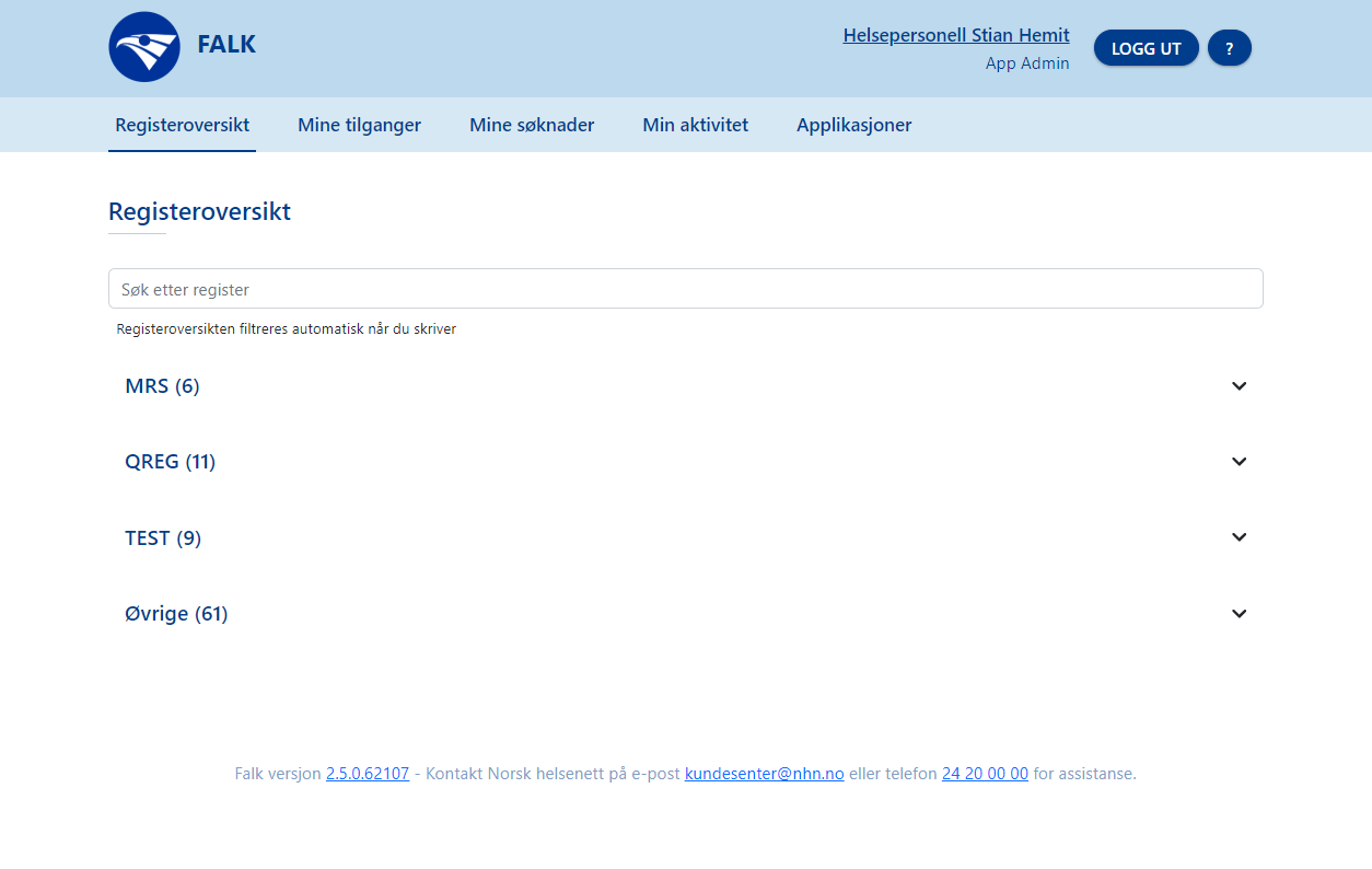 Registeroversikt som viser søkefelt og applikasjonskategorier.